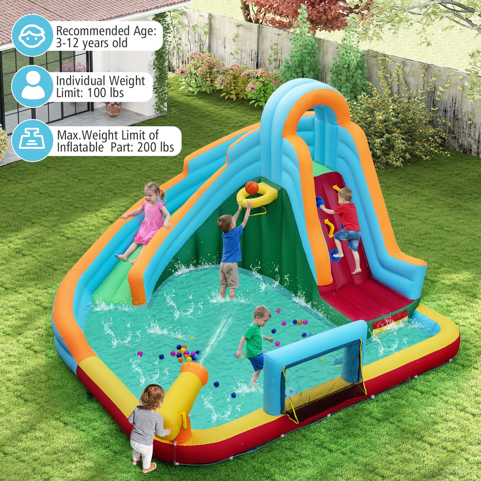 Gymax Inflatable Water Slide Park w/Long Slide Splash Pool Climbing Wall 750W Blower