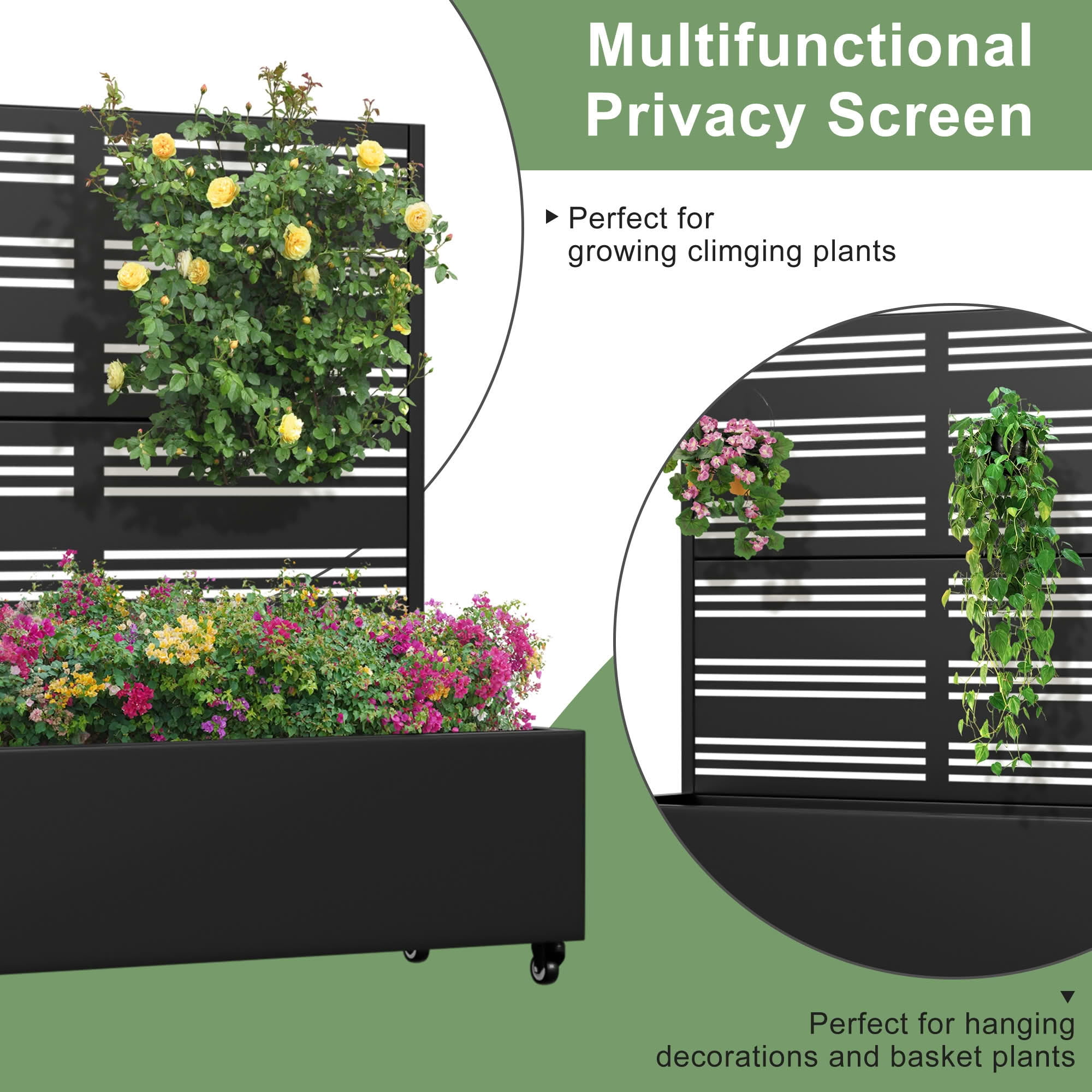 MAYEERTY 47 x 16in Black Iron Raised Garden Bed with Wide-Narrow Louvered Trellis, 3-Pnl, for Outdoor Patio