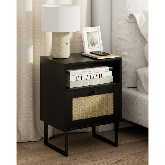 Rattan Nightstand,Modern Boho Farmhouse Wood Bedside Table with Storage Drawer and Open Shelf,Small Black Frame Side End Table for Bedroom,Living Room,Office (Black)
