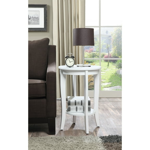 Round End Table - Rustic White Accent Table with Storage Shelf - Living Room Side Table