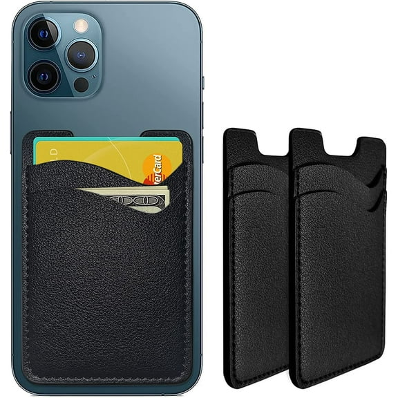 Phone Card Holder, Leather Phone Wallet Stick On, Card Holder for Back of Phone Credit Card Holder for Phone Case Compatible with Most of Cell Phone (iPhone, Samsung) - 2Pack Black