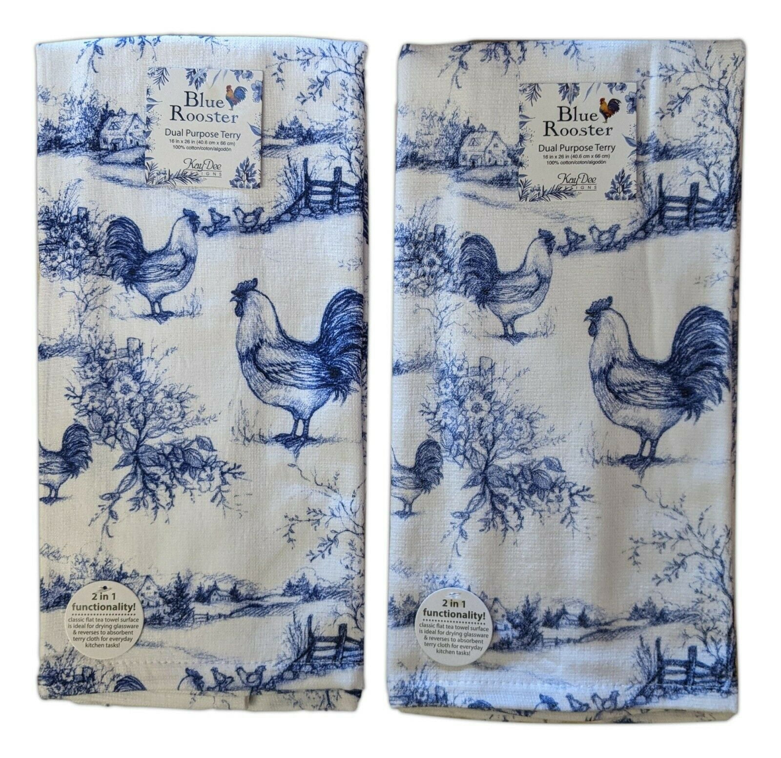 Kay Dee BLUE ROOSTER TOILE Dual Purpose Flat Weave Front Terry Cloth Back Towel 