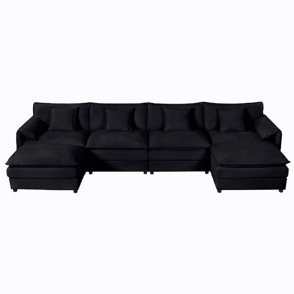 U-Shaped Modular Sectional Sofa Couch with 2 Movable Ottomans, Oversized 4-Seater Comfy Cloud Sofa Couches Set with Deep Seat for Living Room, Apartment, Office, Black