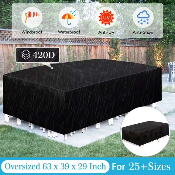 SHELTUSE Patio Furniture Covers Waterproof 63L x 39W x 29H inches Outdoor Furniture Cover Extra Large Patio Set Table Covers Rectangular with 4 Windproof Buckles, Black
