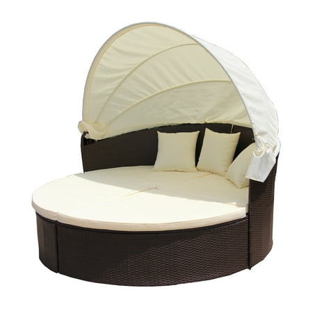 Outdoor Furniture Daybeds ALEKO Rattan Wicker Furniture Outdoor Sectional Daybed Set with Retractable Canopy - Brown ()