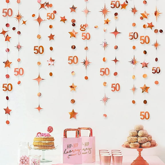 Cheerland Rose Gold 50th Birthday Decorations Number 50 Circle Dot Twinkle Star Garland Metallic Hanging Streamer Bunting Banner Backdrop