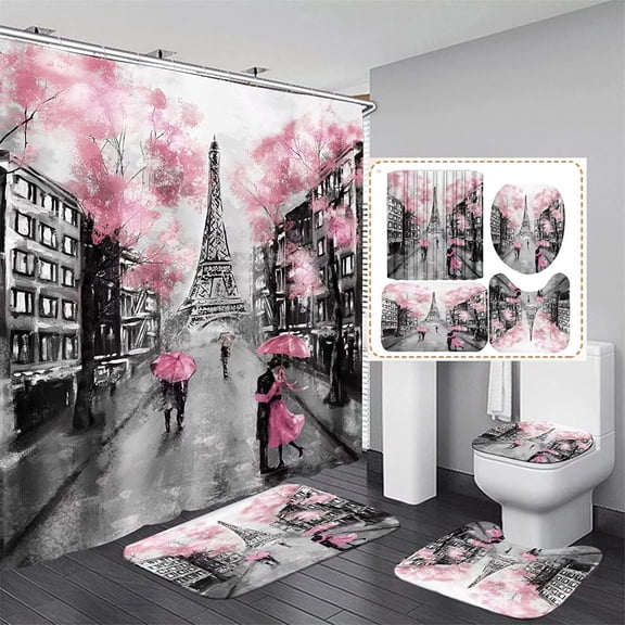 4Pcs Paris Eiffel Tower Pink Shower Curtain Sets Bathroom Set Decor with Non-Slip Rugs Bath U-Shaped Mat Toilet Lid Cover Waterproof Valentine Curtains 12 Hooks