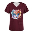 thumbnail image 5 of Jinhomg Medical Scrub Tops for Women Funny Mardi Gras Mask Graphic Nursing Uniform Loose Fit Comfy Short Sleeve V-Neck Tunic Blouse with Pockets Wine XXL, 5 of 6