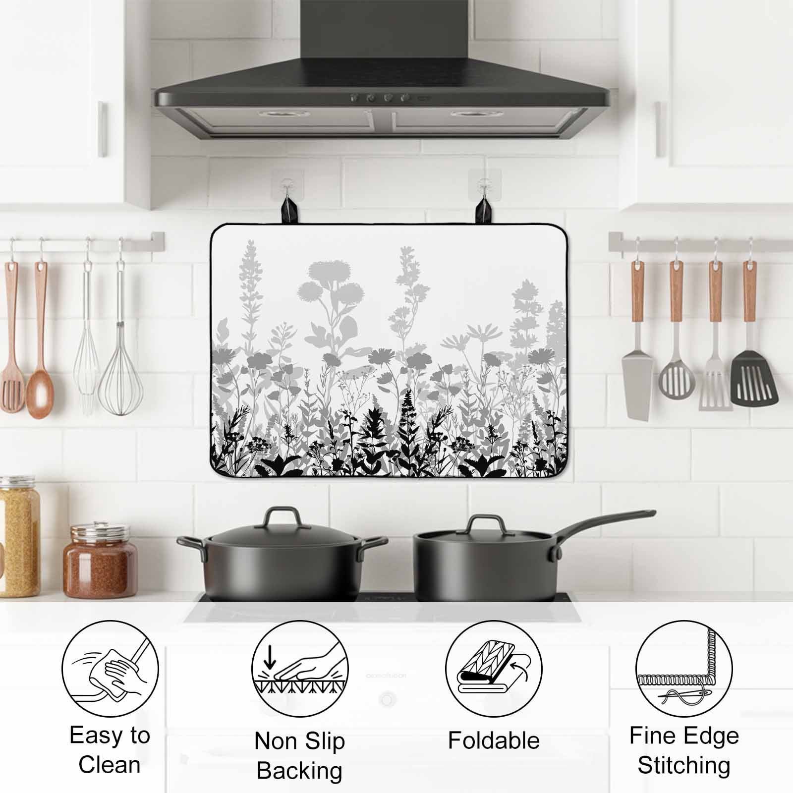 Grey Floral Rustic Stove Top Cover for Electric Stove, Heat-proof & Non Slip Glass Top Stove Cover Protector, Spring Farmhouse Botanical Floral Kitchen Flat Cooktop Rubber Mat 24x21 Inches
