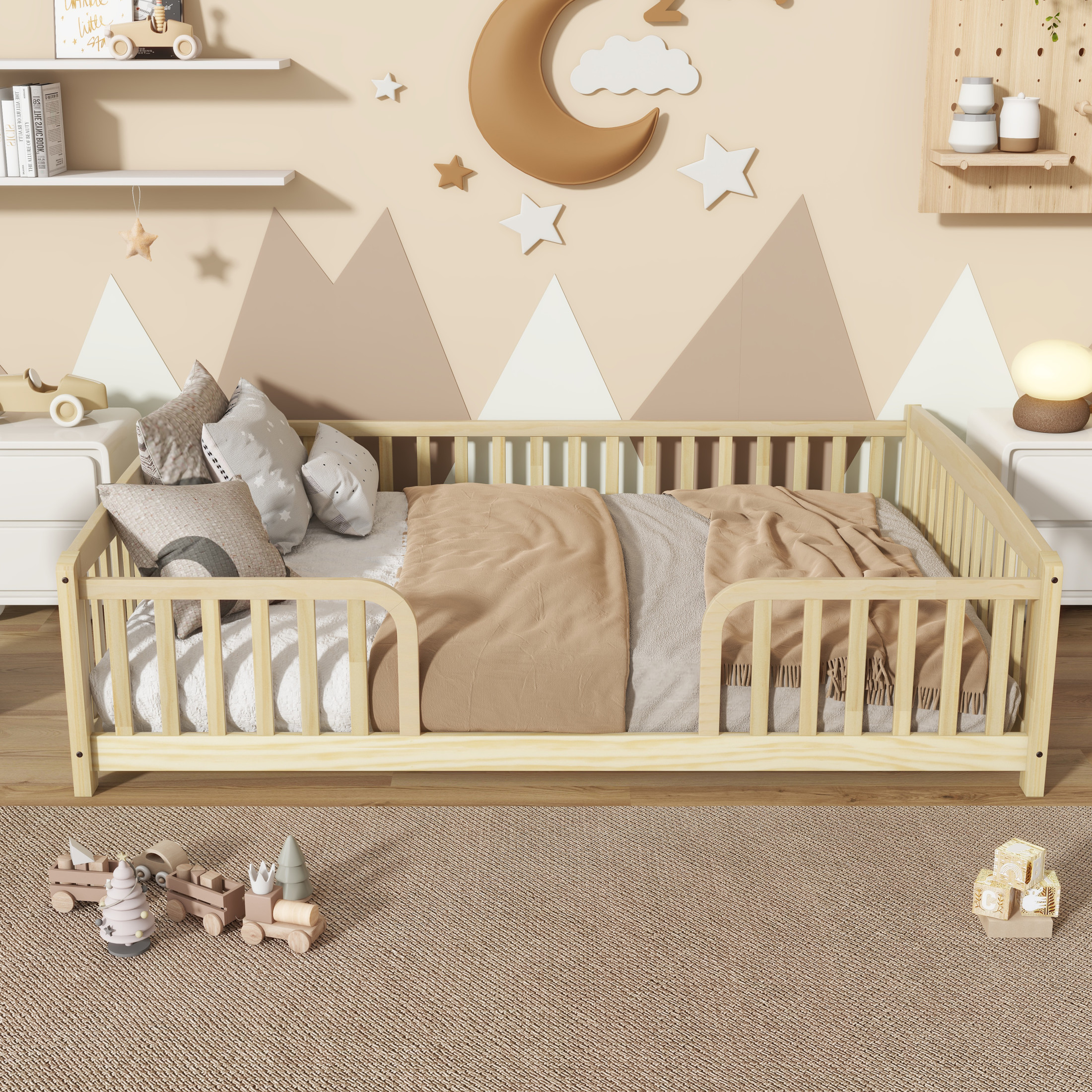 Noble House Norva Full Size Floor Bed with Central Curved Entrance Guardrails, Pine Wood Bed Frame, Natural