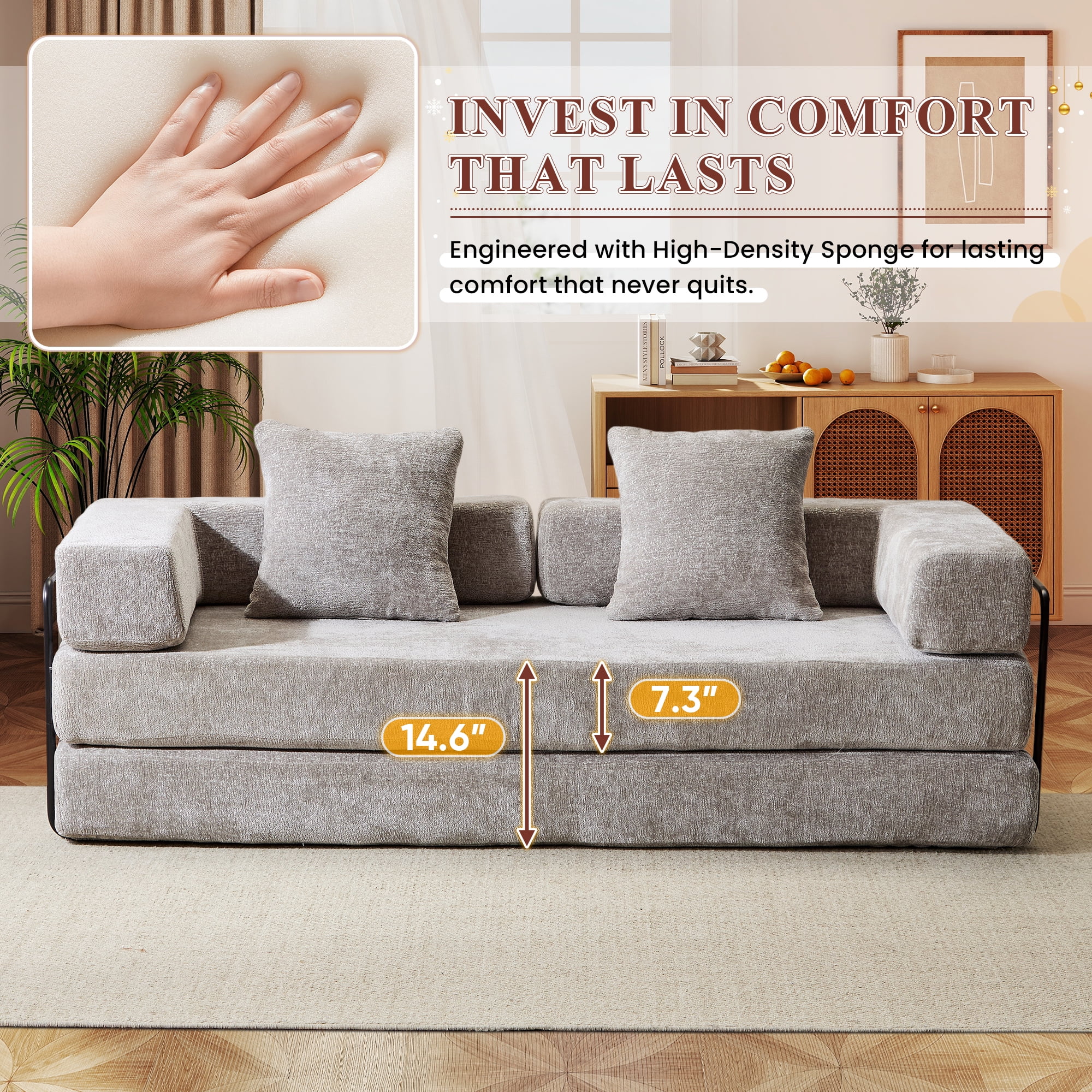 Timbernest 76.8" Folding Sofa Bed, King Size Convertible Sleeper Sofa with 2 Pillows, Chenille Floor Sofa for Living Room, Small Spaces, Light Gray