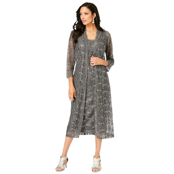 Roaman's Women's Plus Size 3/4 Sleeve Formal Duster Sequin – Embellished Lace Dress Set