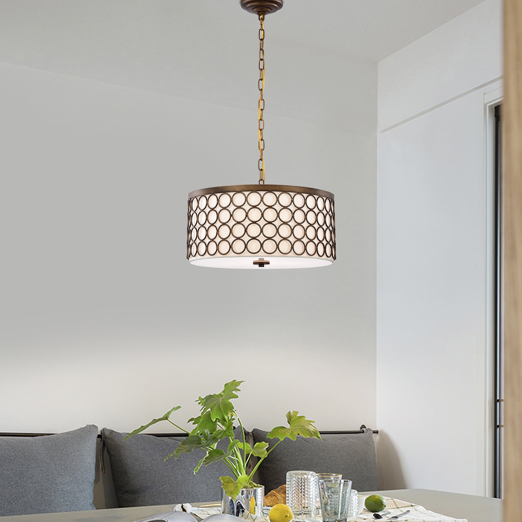 Warehouse of Tiffany Tessa Satin Bronze 3-Light Drum Chandelier with Geometric-Patterned Metal Frame