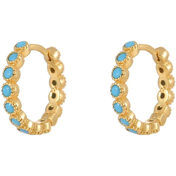 Cute Turquoise Huggie Hoop Small Earrings for Women Cartilage 925 Sterling Silver Beaded Hypoallergenic Pierced Sleeper Cuffs 10mm Hoops Earring Dainty Birthday Christmas Jewelry Gifts for Everyday