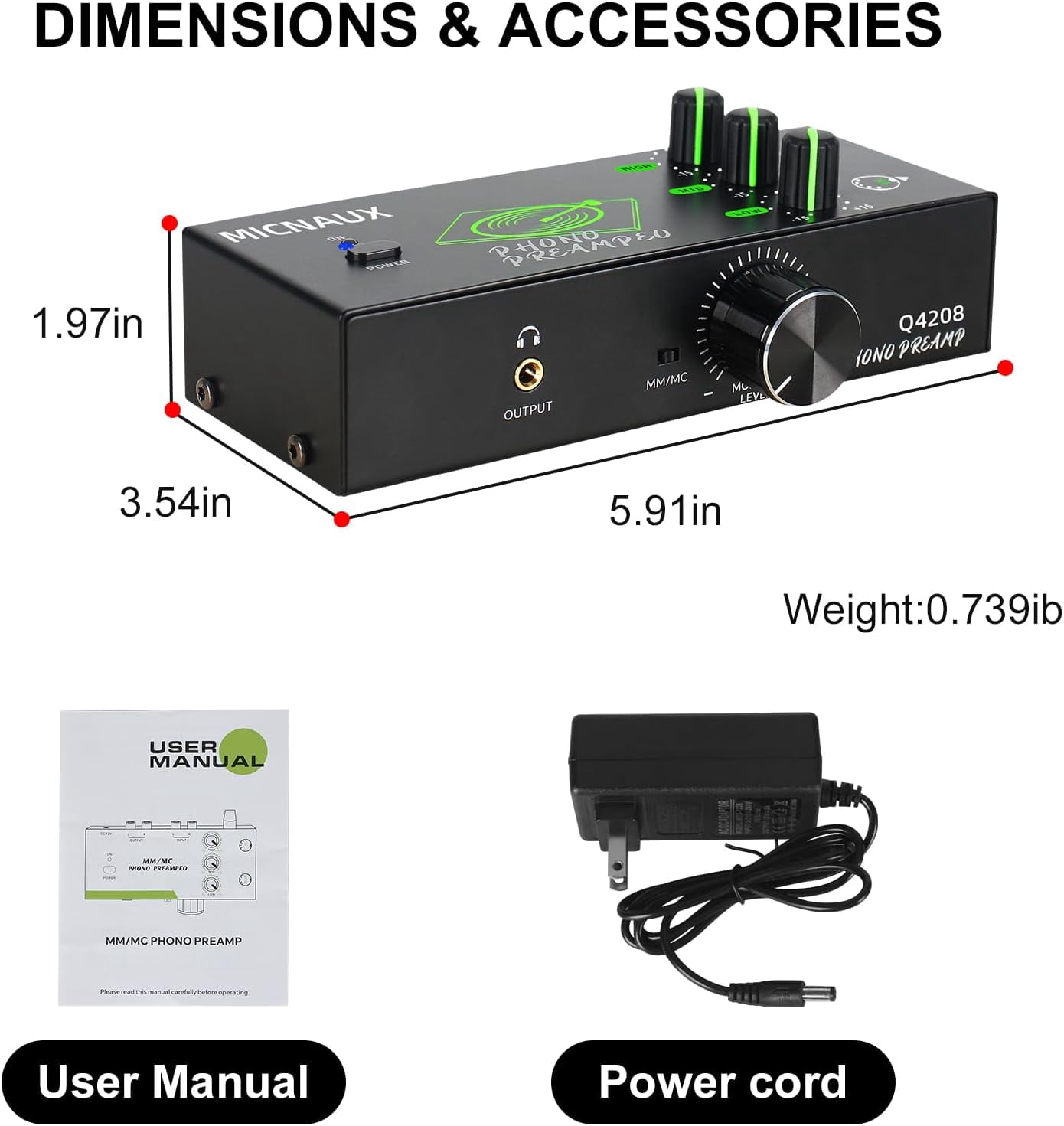 Phono Preamp for Turntable, Professional Universal Mini Hi-Fi Preamplifier with 3 Band EQ for MM&MC Cartridges, 5-pin DIN Input/Output for Vinyl Record Player, Phonograph, Active Speakers
