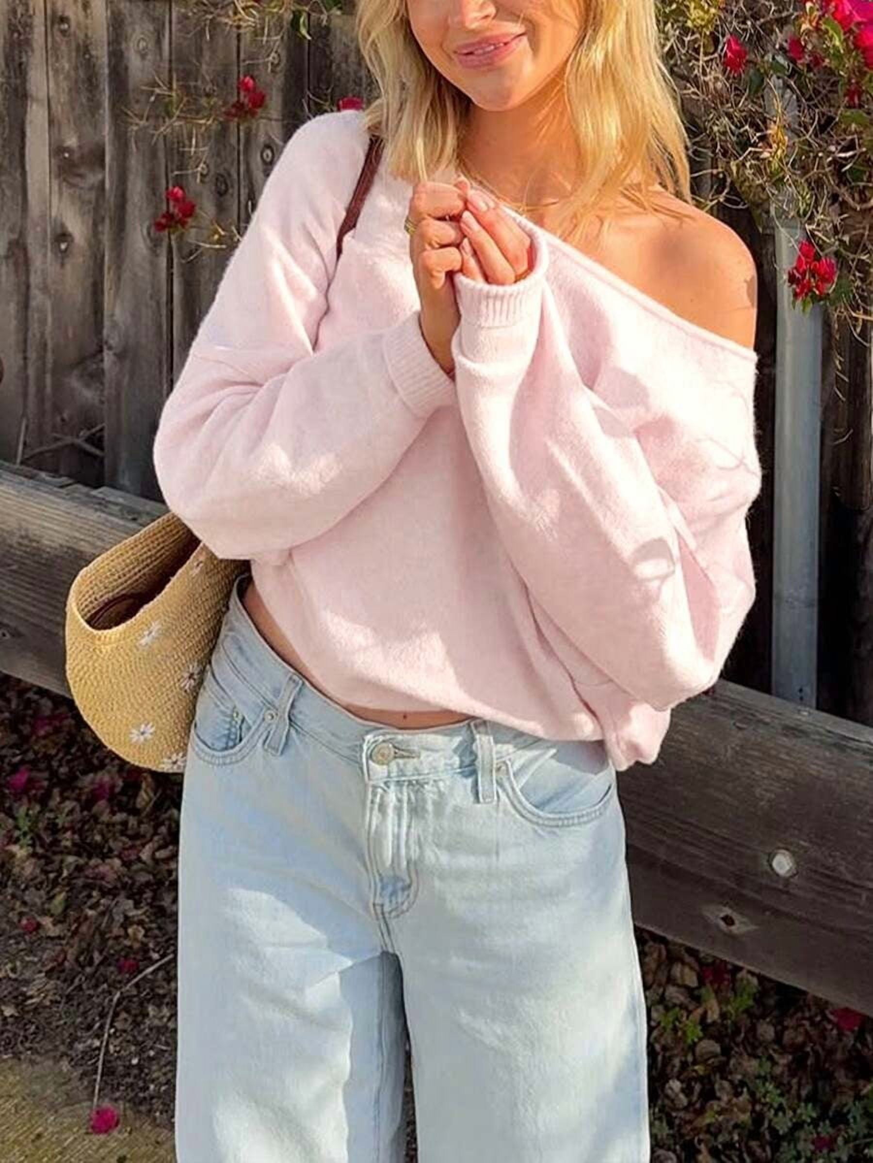 Womens Pink Long Sleeve Off-Shoulder Sweater, Knit Top