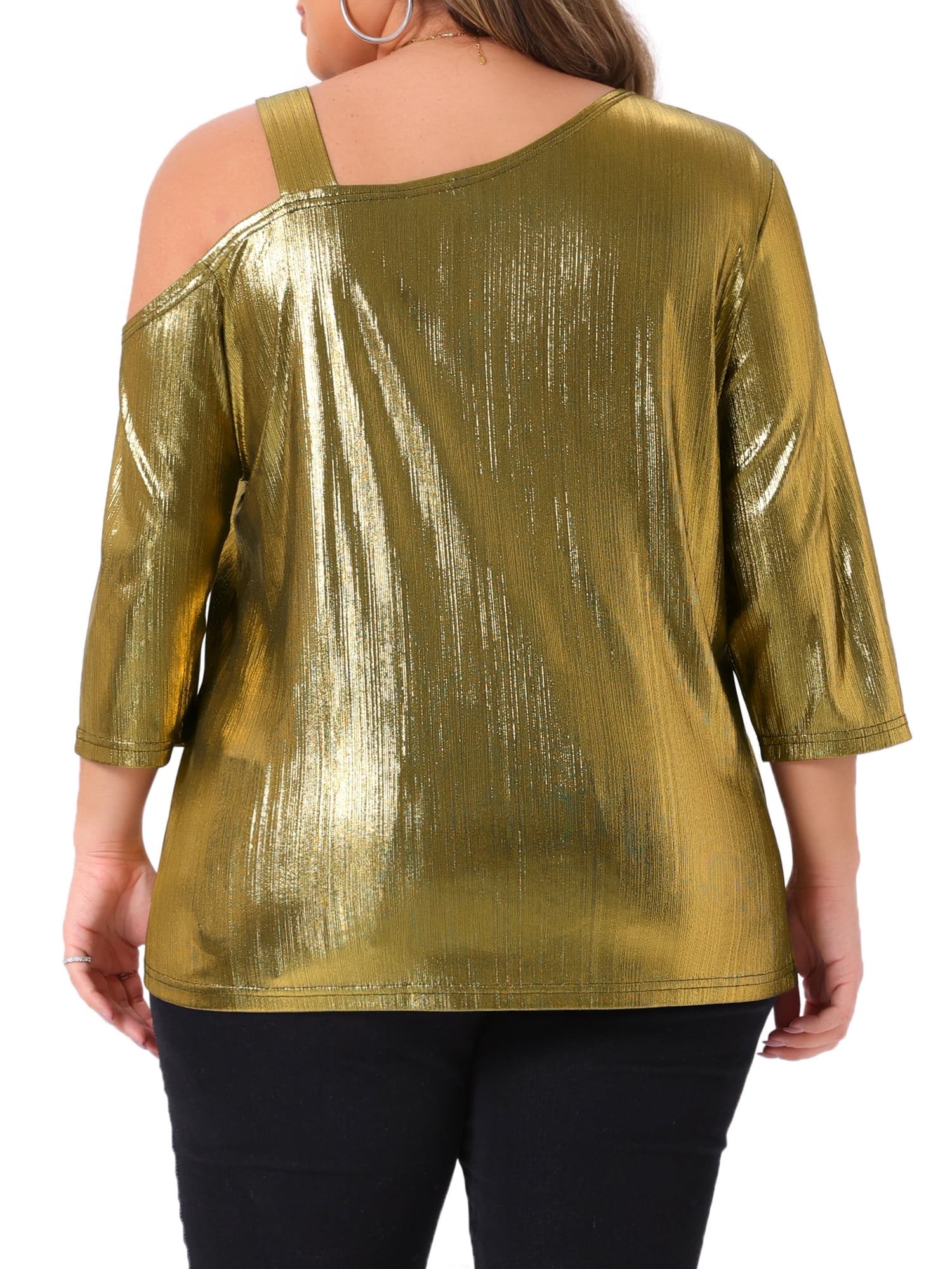 DARING DIVA  Women's Plus Metallic One Shoulder 3/4 Sleeve Shiny Blouse 3X Gold