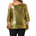 thumbnail image 4 of DARING DIVA  Women's Plus Metallic One Shoulder 3/4 Sleeve Shiny Blouse 1X Gold, 4 of 7