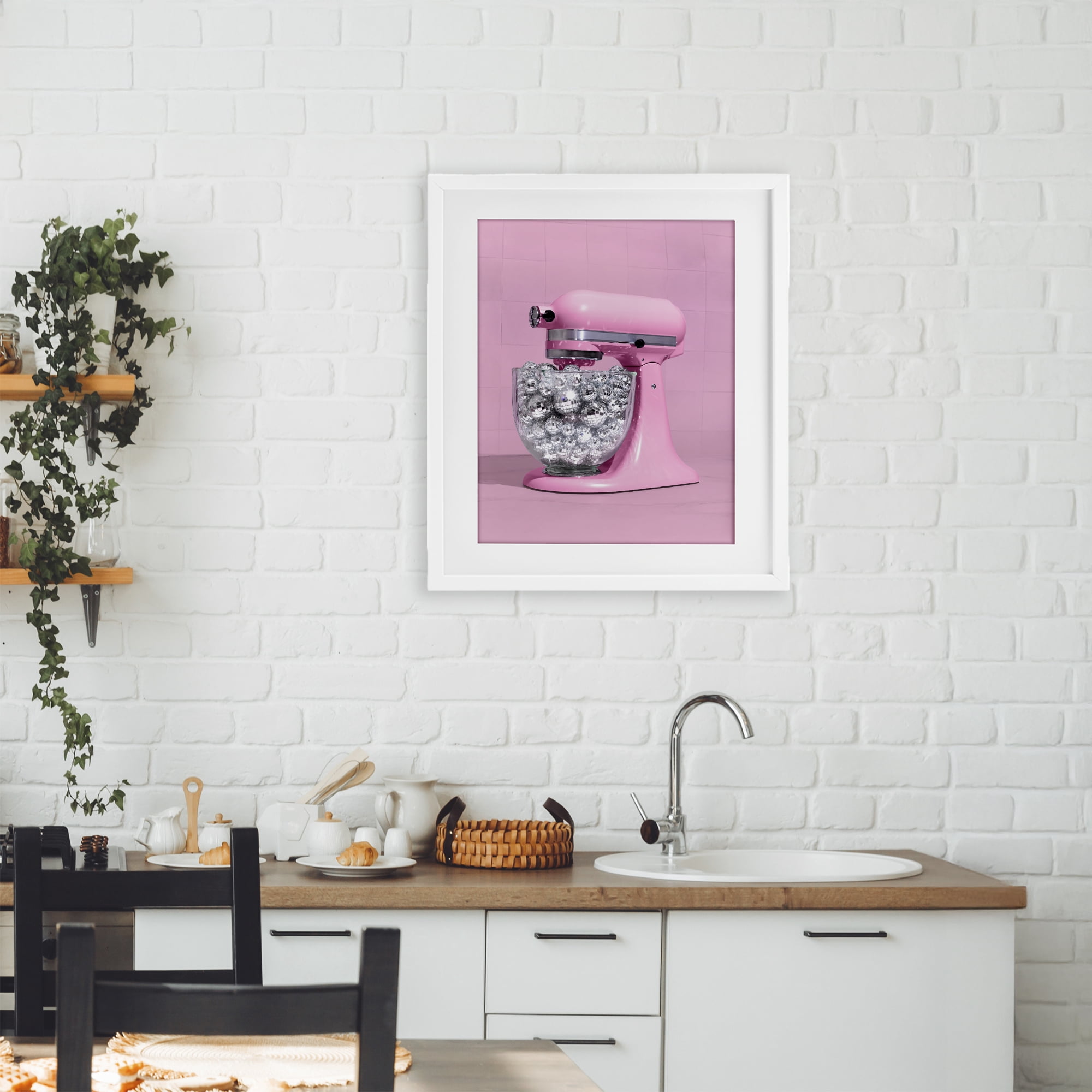 Stupell Industries Disco Kitchen Mixer over Pink White Framed Print Under Glass, design by LISH Creative