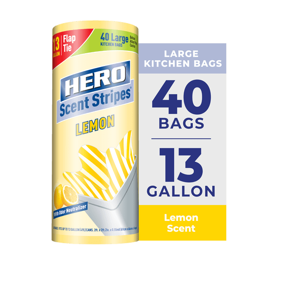 Hero Scent Stripes 13-Gallon Flap Tie Kitchen Trash Bags, Lemon Scent, 40 Count