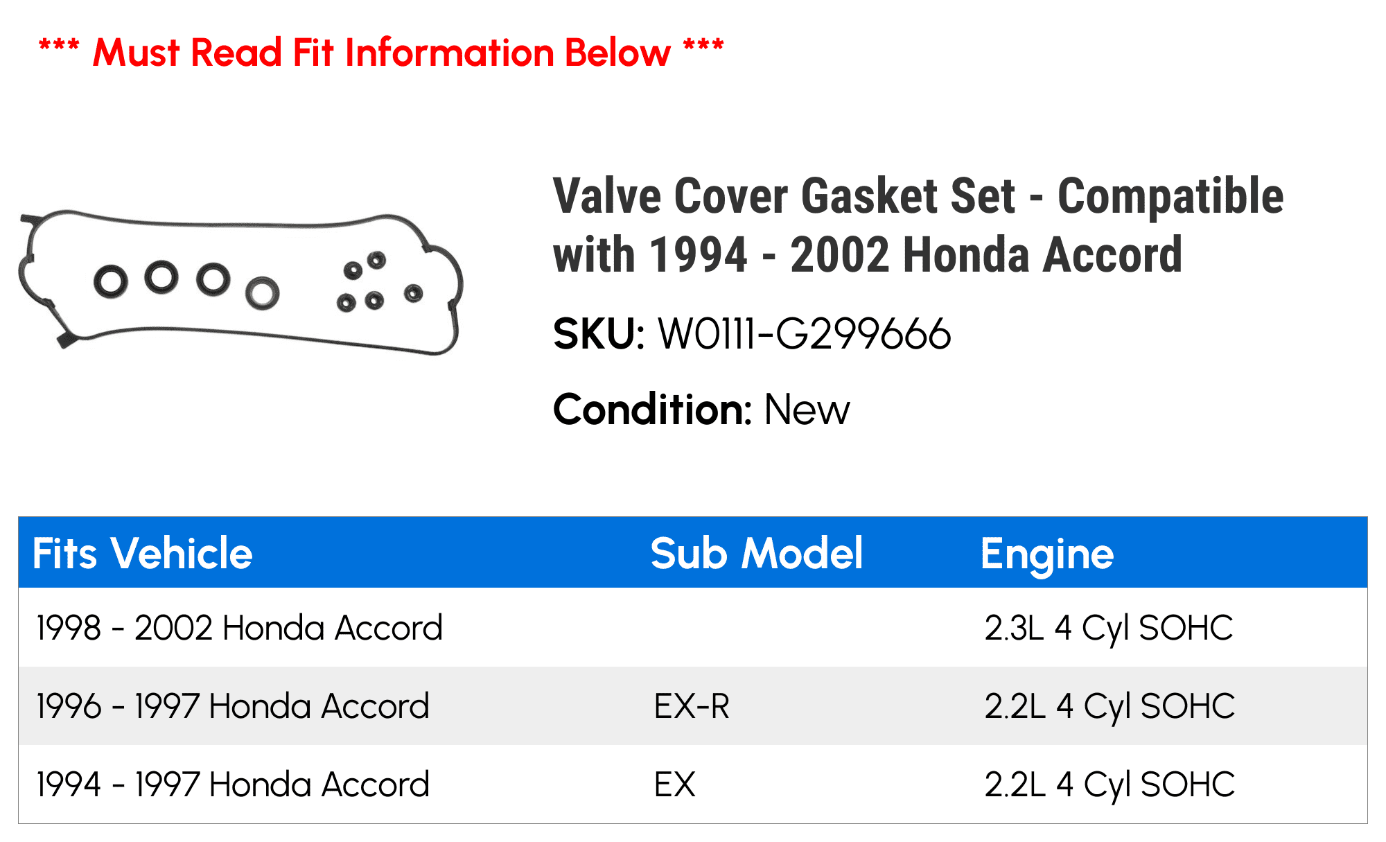 Valve Cover Gasket Set - Compatible with 1994 - 2002 Honda Accord 2.2L 2.3L 1995 1996 1997 1998 1999 2000 2001