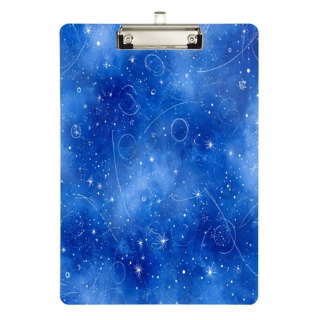 12.5 x 9 Acrylic Clipboard with Silver Clip & Retractable Hook for Office Classroom Home Watercolor Blue Space Pattern