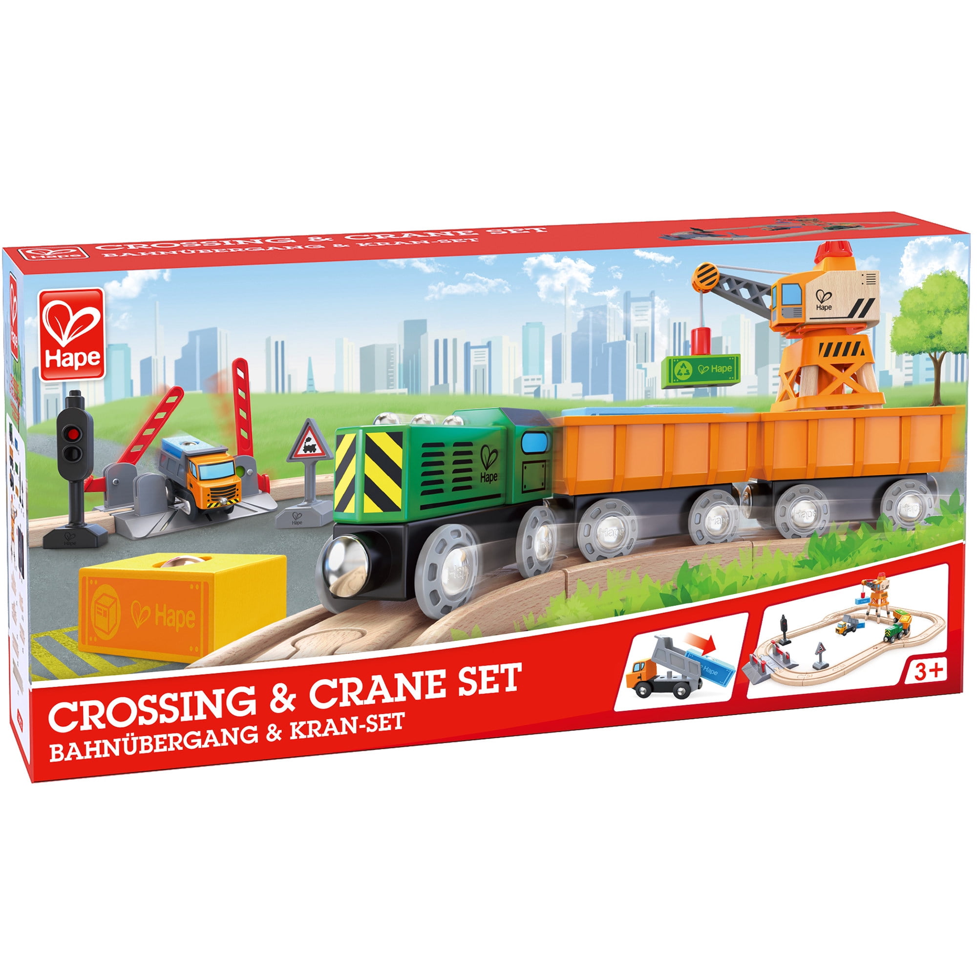 Hape: Crossing & Crane Set - 32pc Wooden Train Cargo Railroad Yard, Magnetic Linking Trains, Crane To Grab & Move Cargo, Accessories, Kids Ages 3+