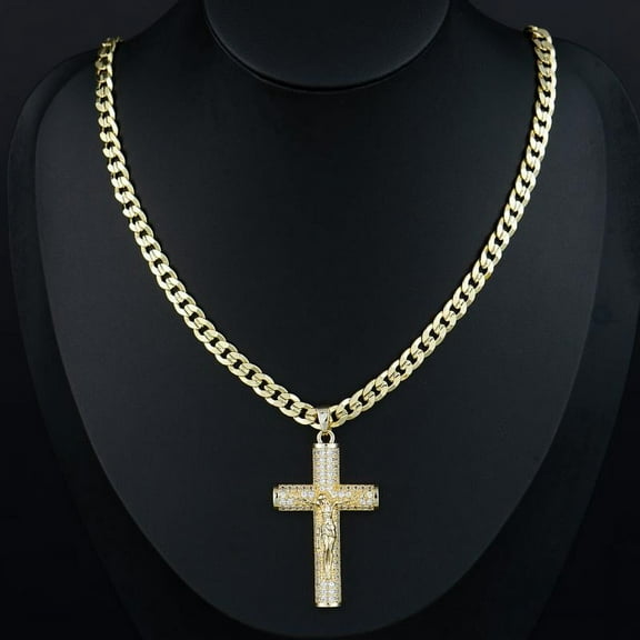 APIPEE 14k Gold-Plated Cuban, Figaro, Miami, Rope Chain with Jesus Christ Crucifix,24 inches Long and 6mm wide,High Quality