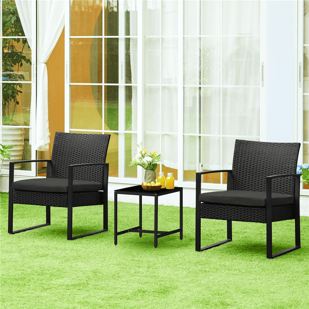 Renwick 3-Piece Patio Set Rattan Chairs & Table for Outdoor, Black/Gray