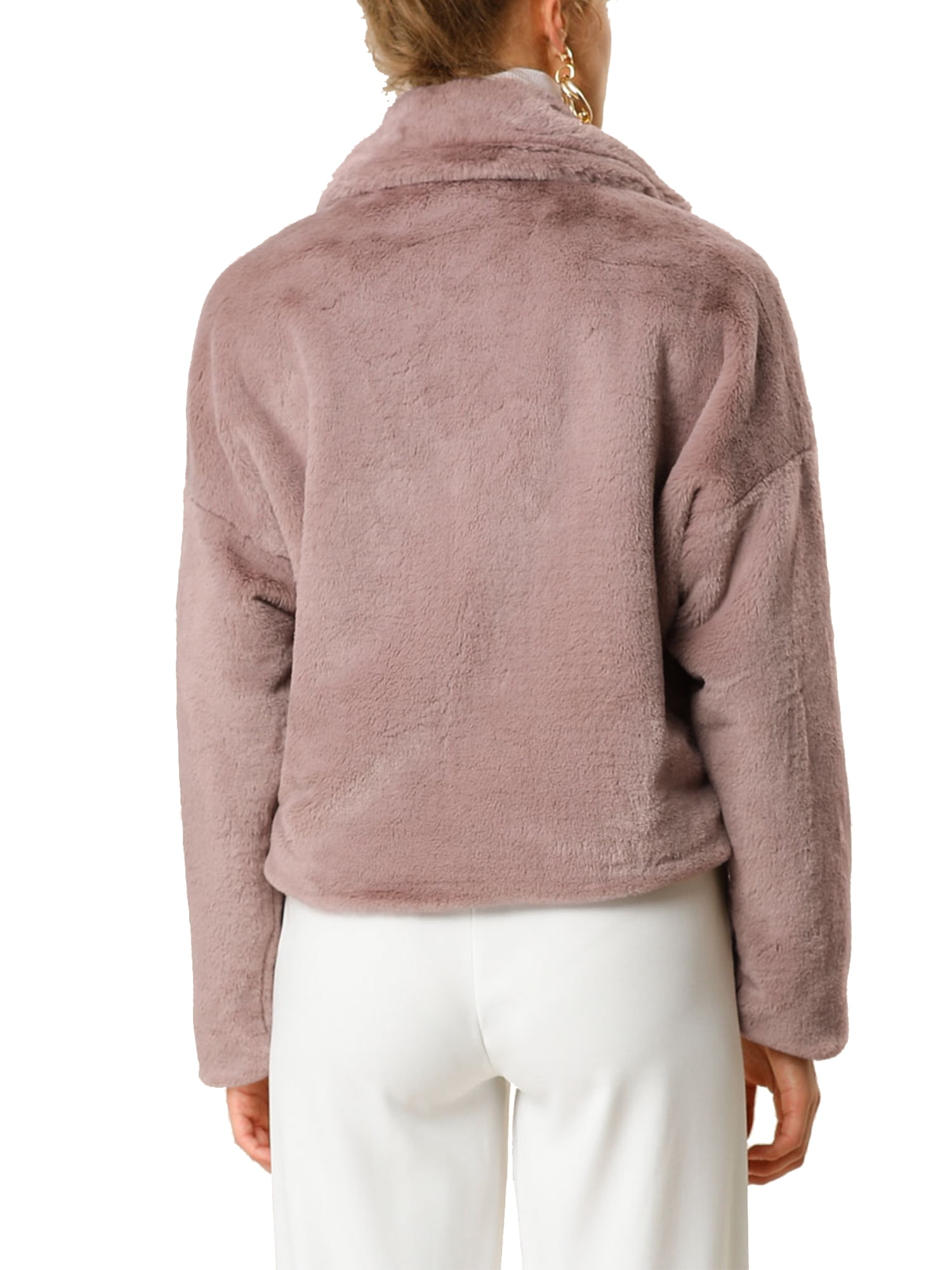DARING DIVA Women's Cropped Jacket Notch Lapel Faux Fur Fluffy Coat M Dusty Pink