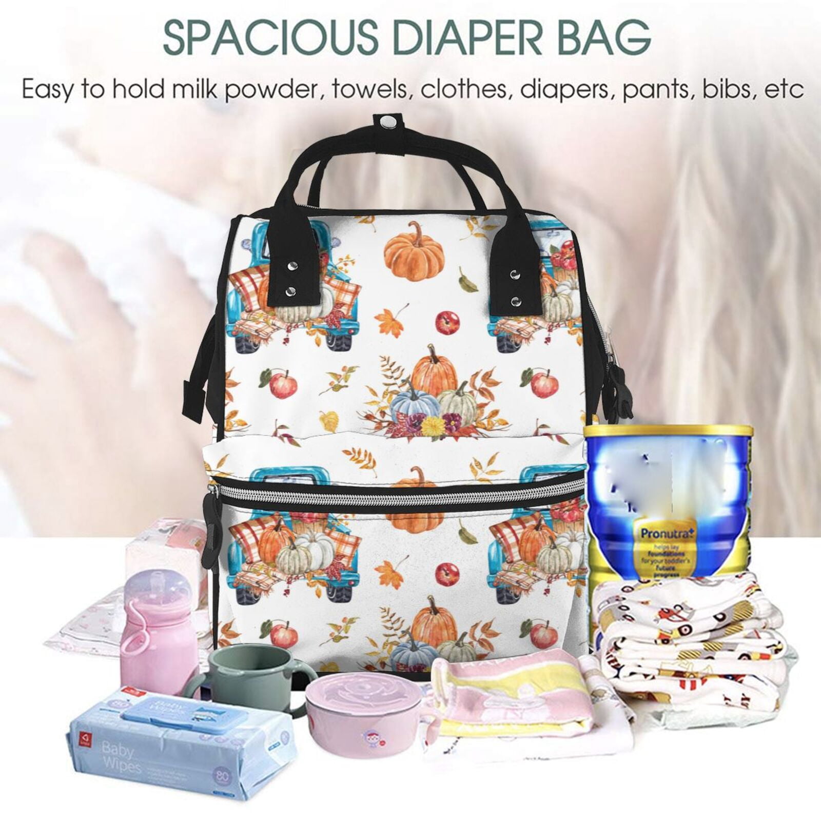 Fuzoiu Vintage Autumn Truck Print Diaper Bag Backpack,Baby Essentials Travel Tote,Multi function Waterproof Diaper Bag, Travel Essentials Baby Bag - Unisex