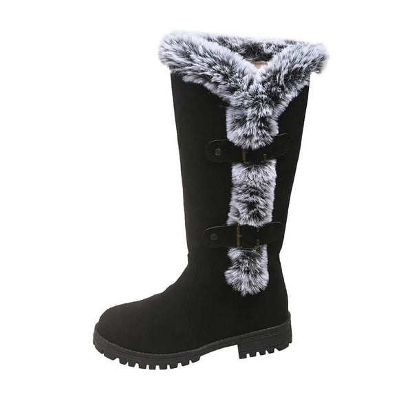 Lovzfmll Knee High Boots Women, Faux Fur Lined Knee High Snow Round Toe Low Heel, Chunky Low Heel Round Toe Buckle Snow Chunky Boots Warm Black Boots