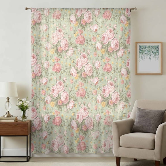Pink Flowers Sheer Curtains 45 Inches Long, Green Country Botanical Floral Leaves Light Filering Curtains, Breathable Simi Curtain Privacy Drapes for Kitchen Bathroom Small Window Treatment