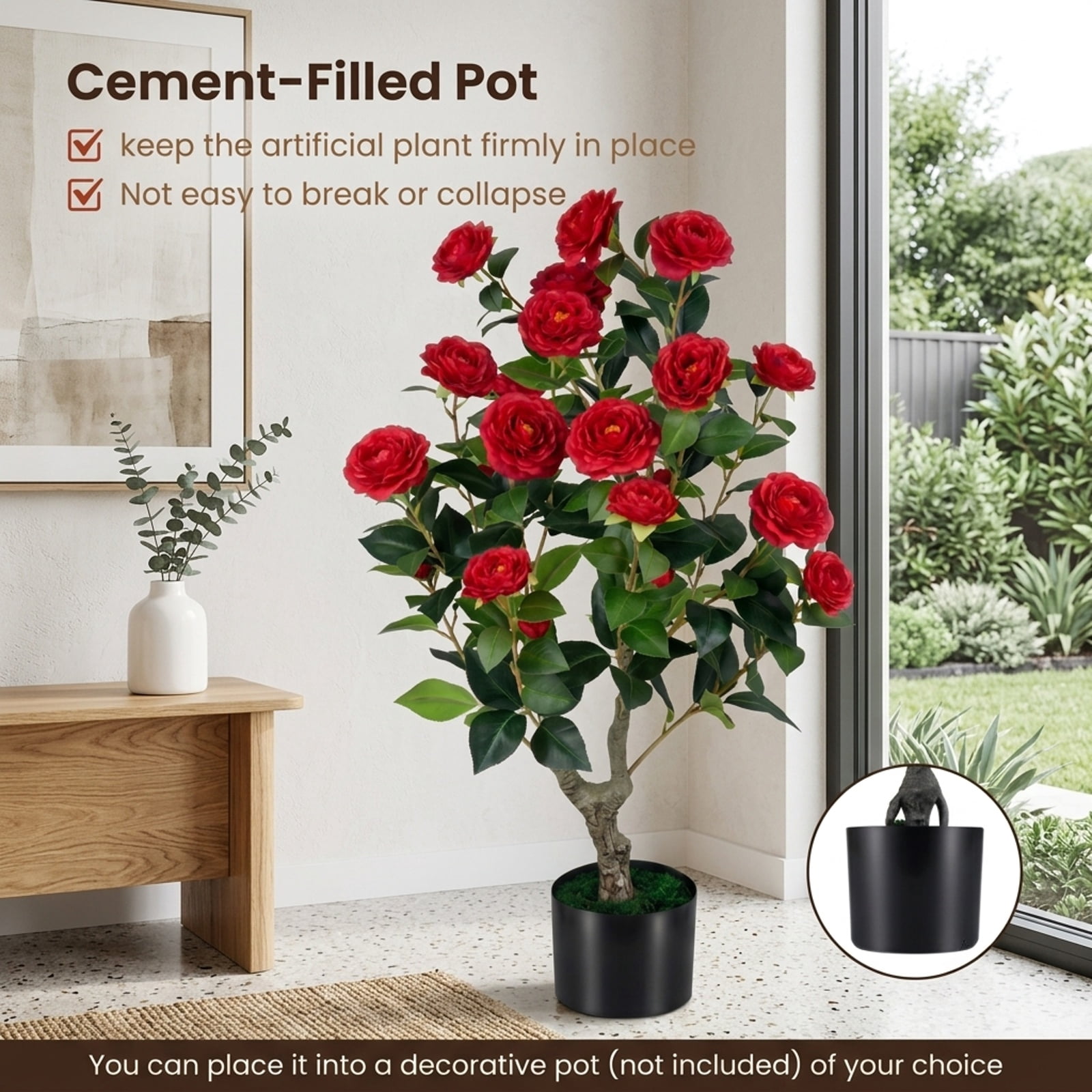 Vebreda Artificial Plant Decor, Artificial Camellia Tree Faux Flower Plant in Cement-Filled Pot, Lifelike & Elegant Design, Selected PE Materials