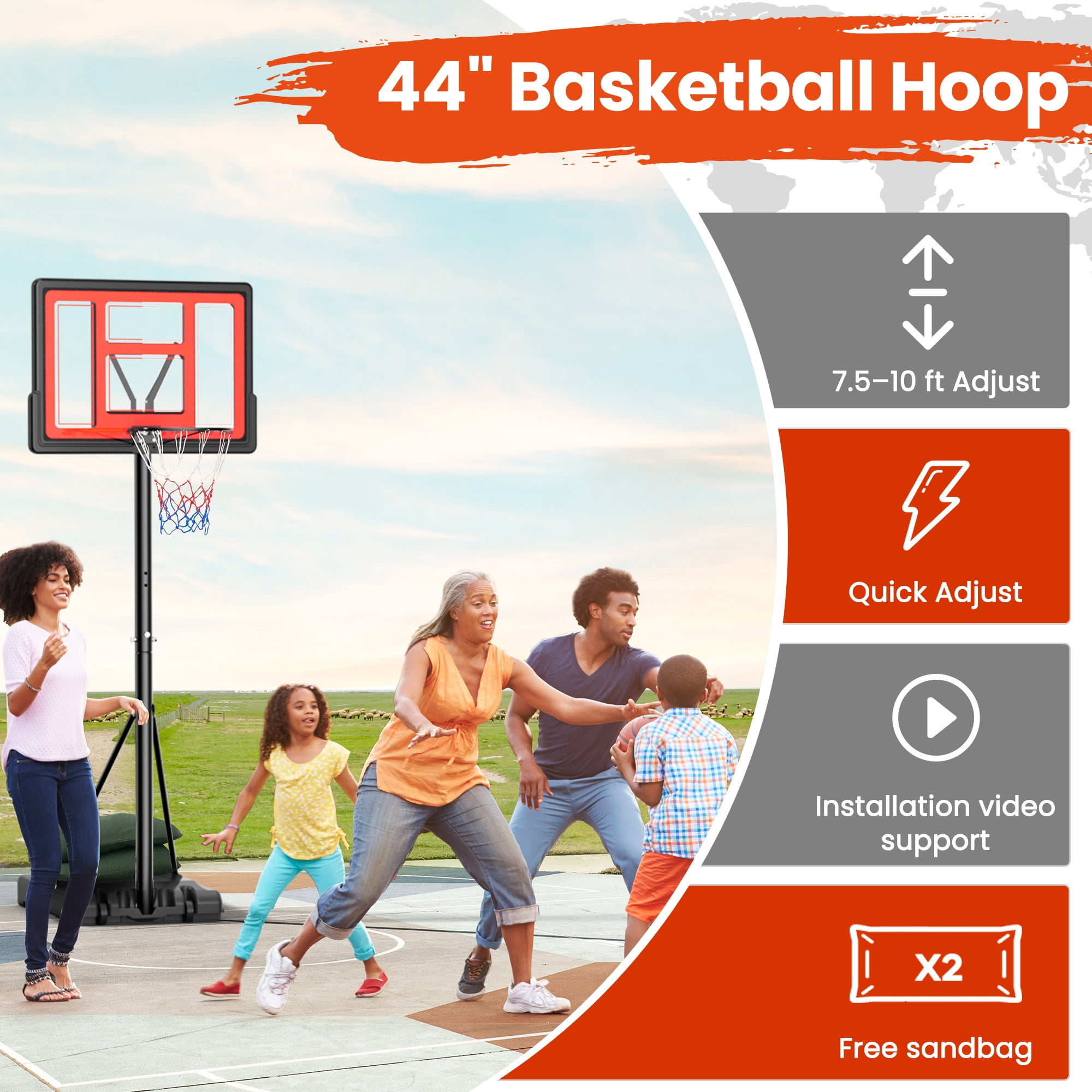 Naipo 44 In Basketball Hoop 7.5 ft -10 ft Adjustable 2 Free Sandbags Orange Portable Basketball Goals Outdoor and Indoor for Youth and Adult