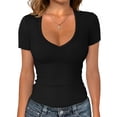 thumbnail image 7 of T Shirts For Women Black Womens Tops Fashion V Neck Short Sleeve Elegant Basic Ribbed Tee Slim Fit Plain Summer Tops, 7 of 7