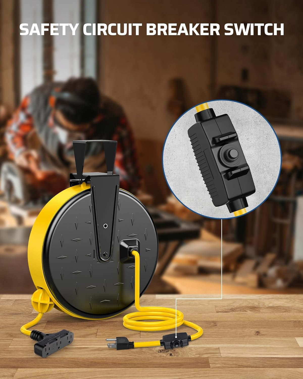 30 Ft Retractable Extension Cord Reel, Ceiling/Wall Mount 16/3 Gauge SJTW Power Cord with 3 Electrical Outlets Pigtail for Garage and Shop, 10 Amp Circuit Breaker, Metal Plate, UL Listed