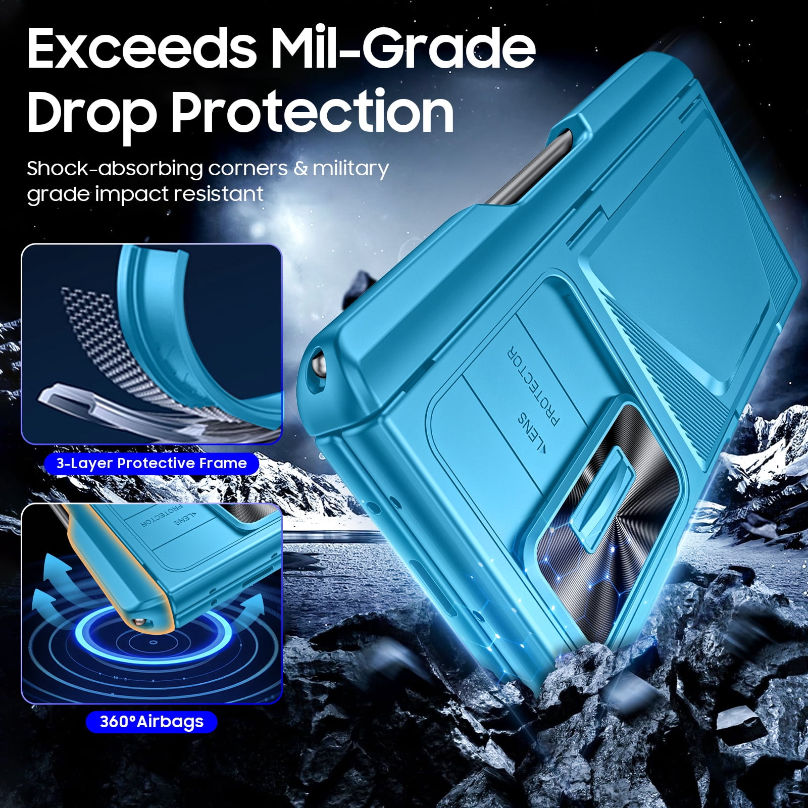 Oupeigar for Samsung Galaxy Z Fold 6 Phone Case,with RFID Cards Holder,S Pen Holder,Camera Cover, Shockproof Silicone Protective Case-Light Blue