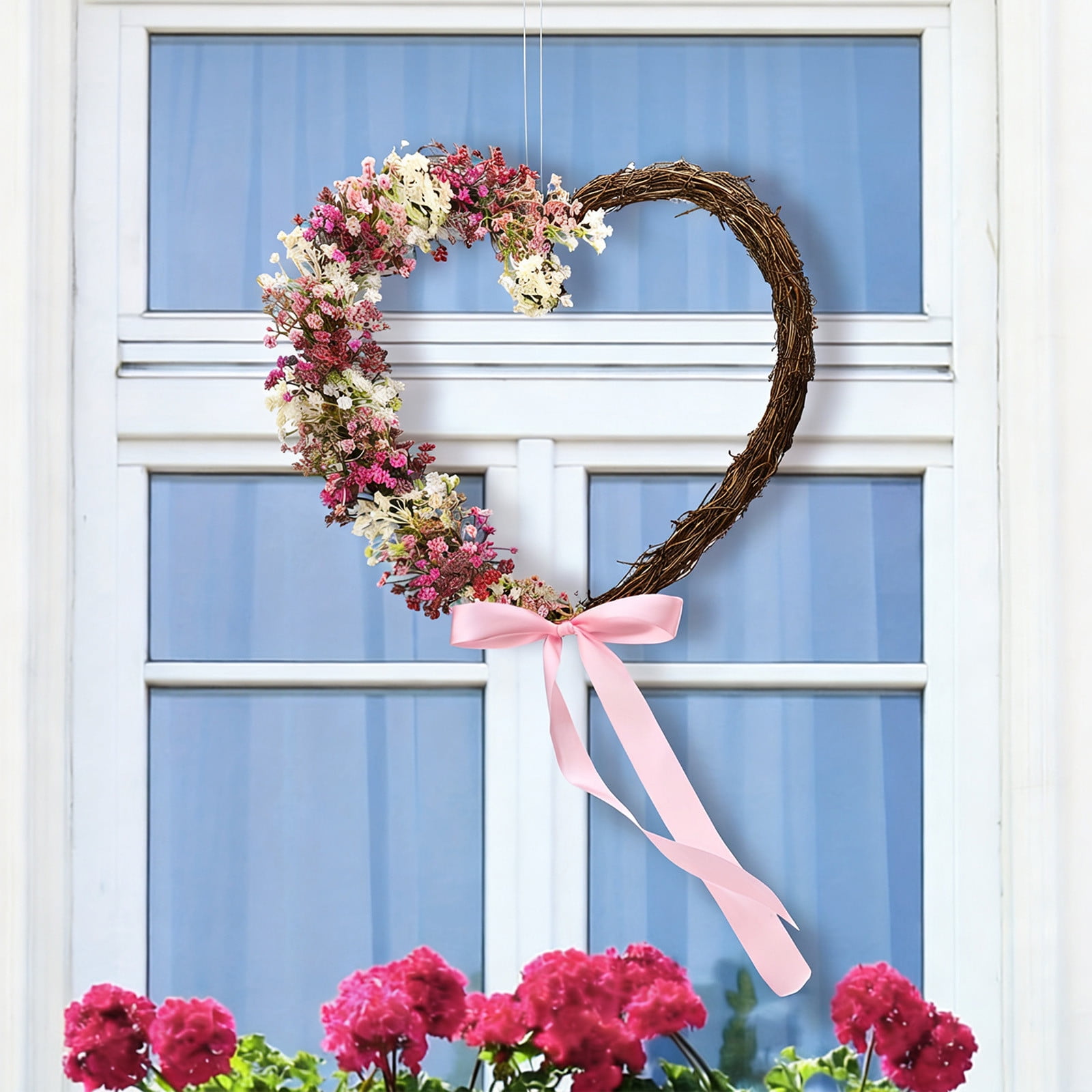 Valentine's Day Heart Wreath with Artificial Ba-by's Breath and Bow, 12 Inch Faux Floral Door Hanging for Indoor Outdoor Decor