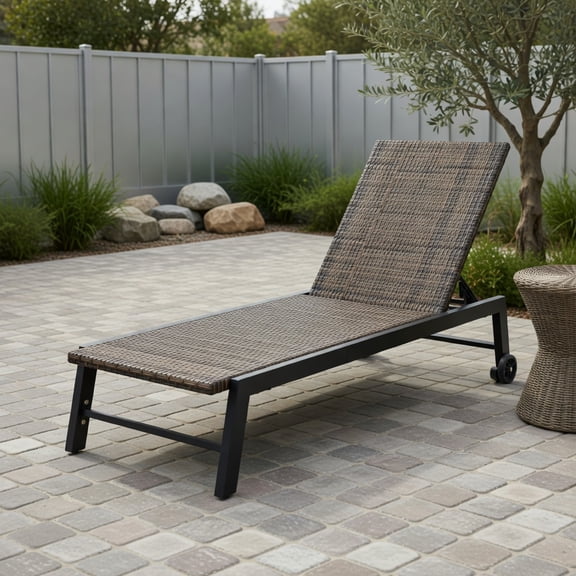 PE Wicker Adjustable Chaise Lounge Chair with Wheels – Heavy-Duty 400 lb Capacity Outdoor Patio, Poolside & Deck Lounger in Mixed Brown Rattan