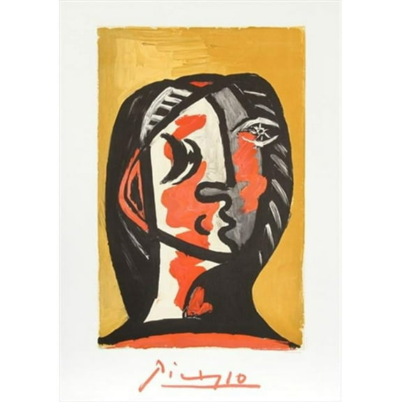 Pablo Picasso 7896 Tete de Femme en Gris et Rouge sur Fond Ochre- Lithograph on Paper 29 In. x 22 In. - Orange- Yellow- Beige