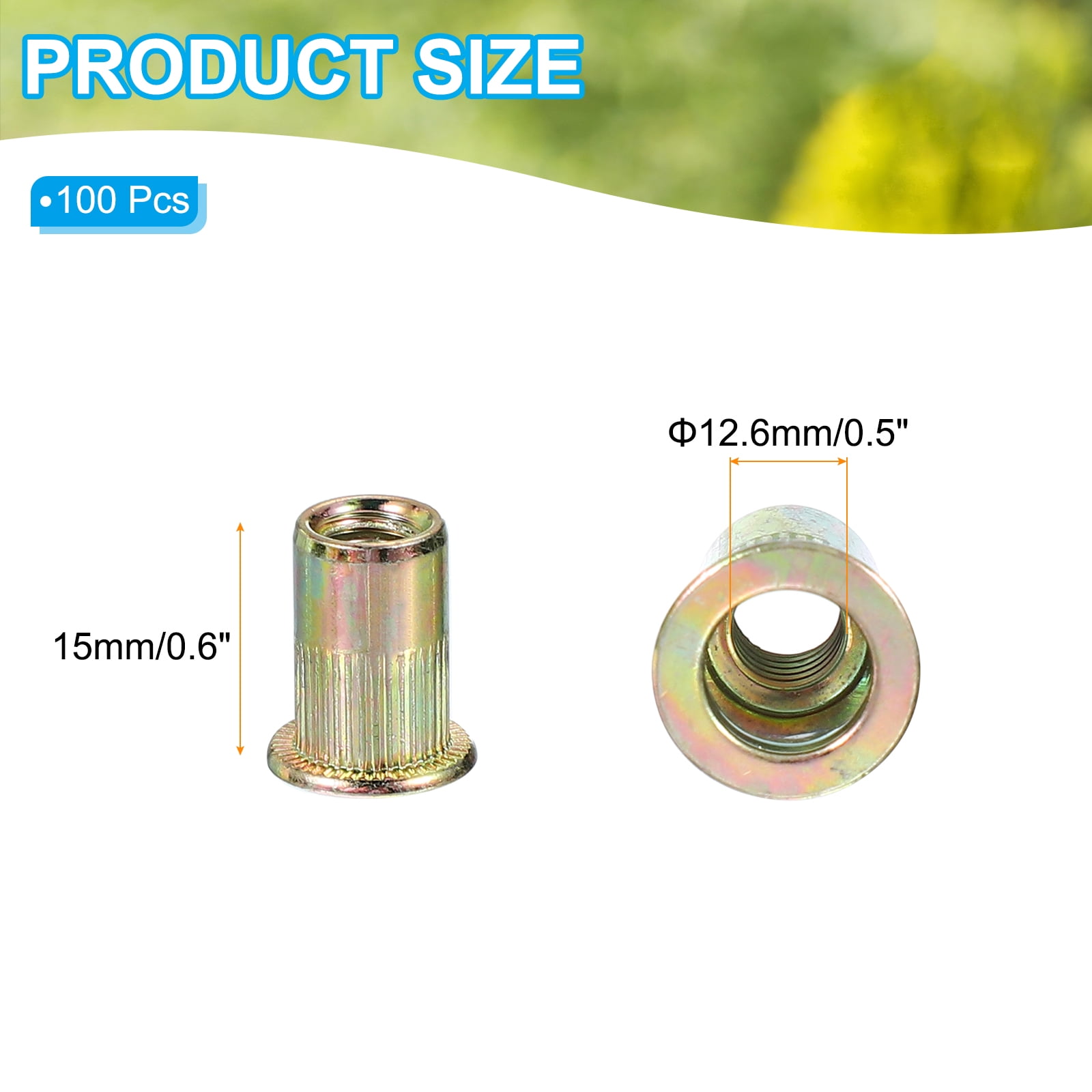 1/4" Carbon Steel Rivet Nut, Flat Head Rivet Nut Threaded Insert Nut, Gold 100