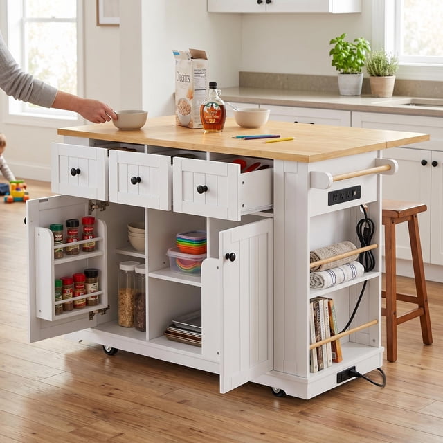 Homy Casa 53" Kitchen Island with 2 Bar Stools, Power Outlets, Storage, White, MDF