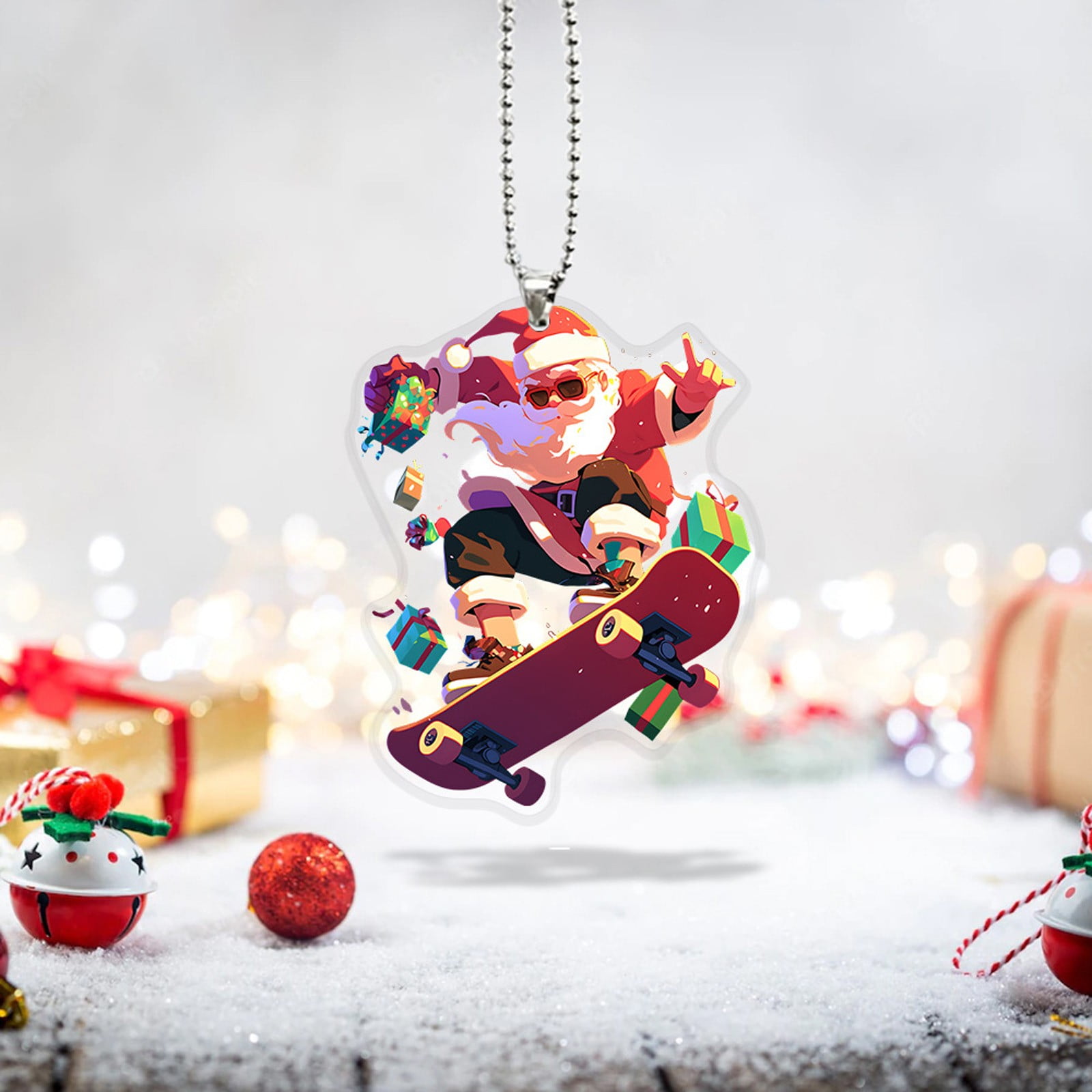Pendentif De Noël Skateboard Père Noël - En Acrylique Cristal - Décoration Cool Pour Sapin Ou Intérieur