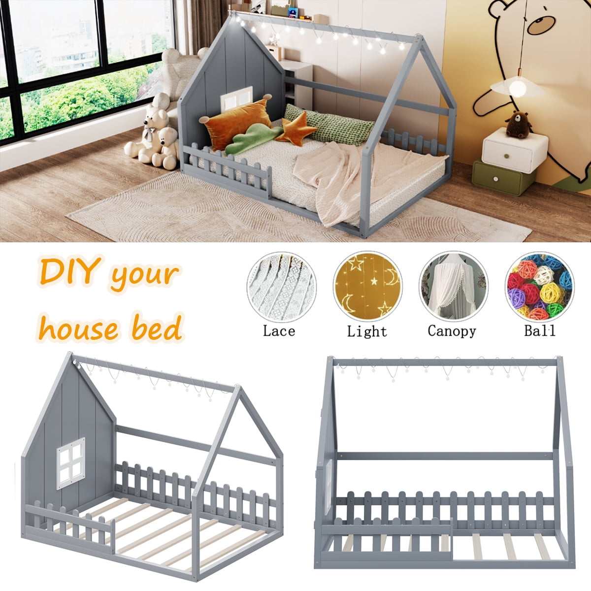 Bellemave House Bed with LED Lights Full Size Floor Bed with Fence Railings and Window, Wooden Montessori Floor Bed, Full Size Bed Frame, Gray with Light