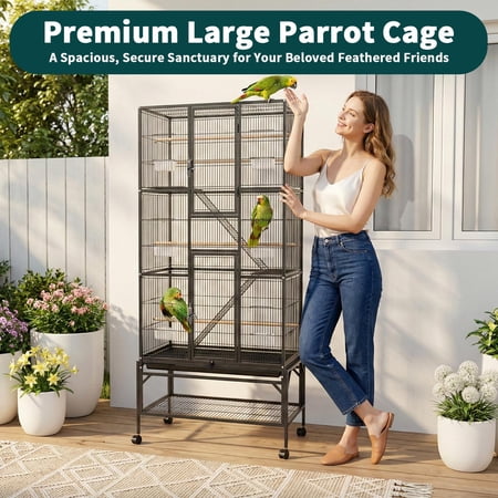 Extra Large Bird Cage 31x18x69.5in Low-Carbon Steel Frame, Large Vertical Flight Cage for Professional Bird Keepers, Big Bird Cage with 4 Wood Perches, 6 Feeding Cups, Pull-Out Tray, 4 Wheels, Locks,