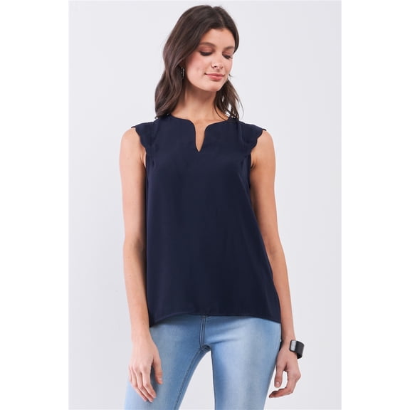 Navy Slit Neckline Scallop Hem Shoulder Detail Loose Fit Tank Top S