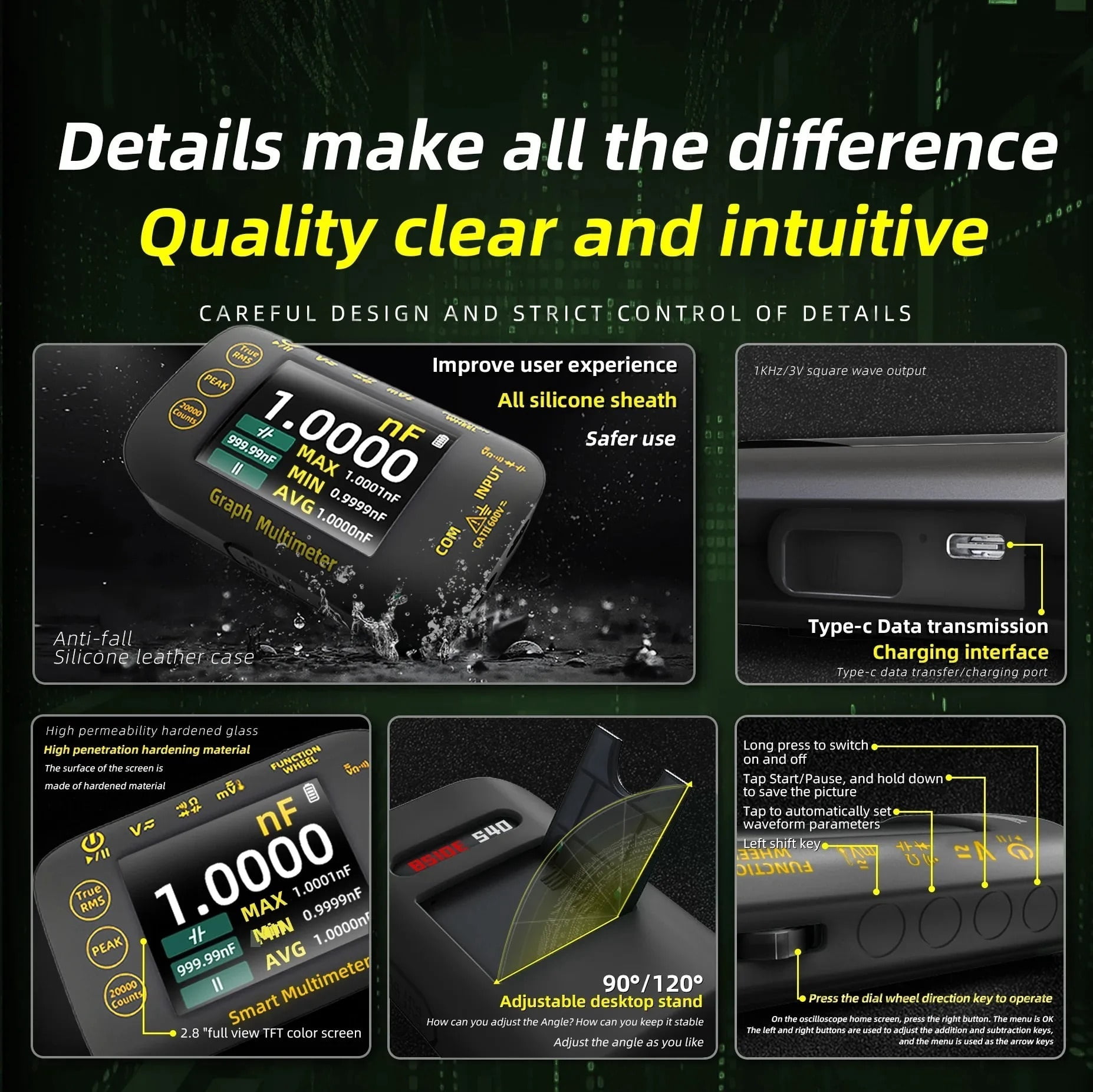 Smart Rechargeable Digital Multimeter True RMS 20000 Count 1000V DC AC Voltage Multimeter Mini Color LCD Multimeter ,Battery Test