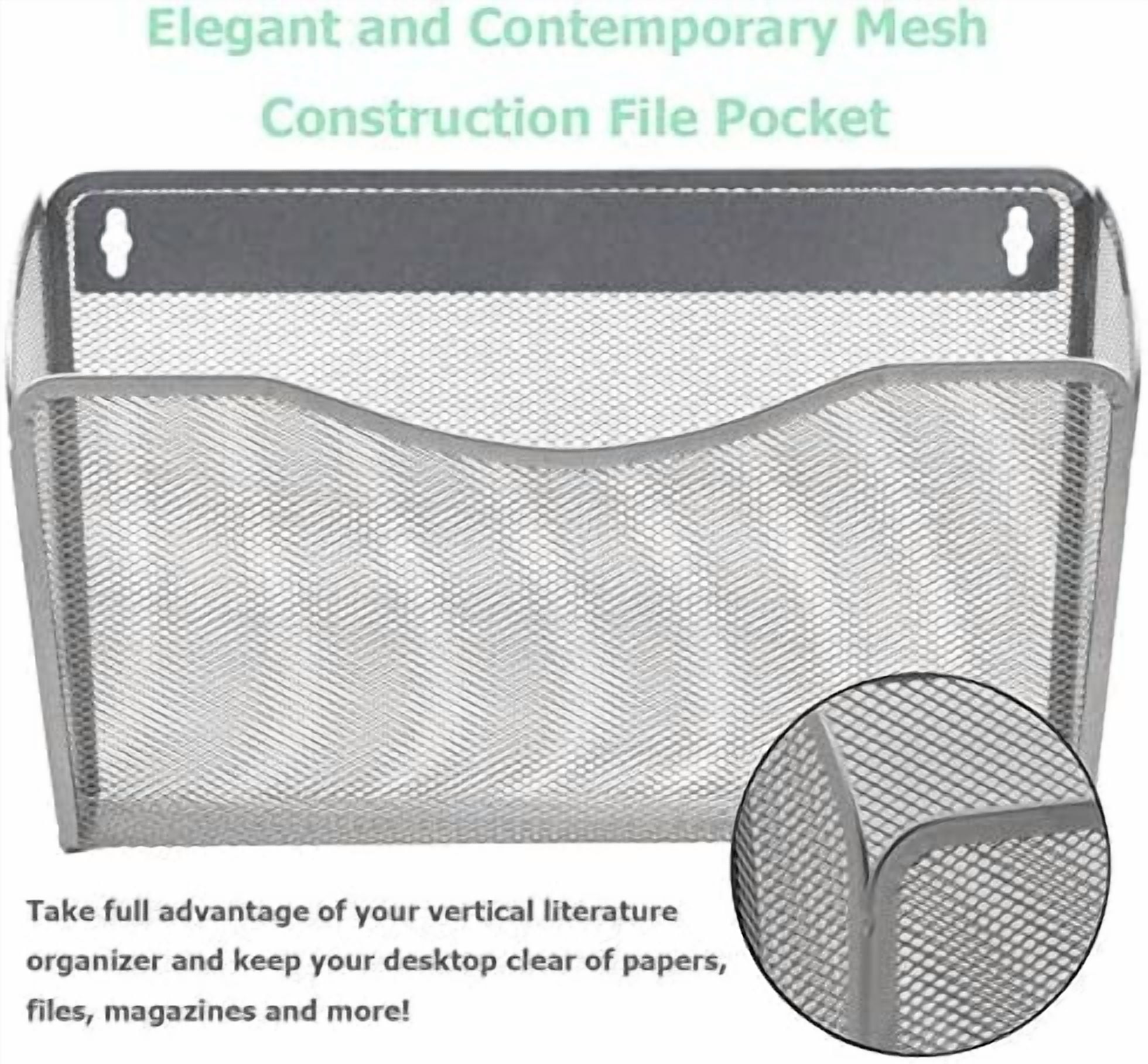 6 Single Pocket Mesh Hanging File Organizer, Vertical Wall Mounted Magazine File Holder, Mount Basket Mail Paper Document Folder Organizing for Office, Home and School, Silver