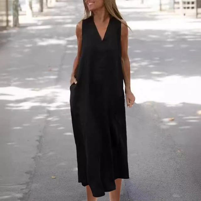 Gspmoly Robe d'Été, Robe de Plage Sans Manches Printemps/été pour Femmes, Robe Ample en Lin Col en V, Robes de Mariage pour Femmes Offres Prime
